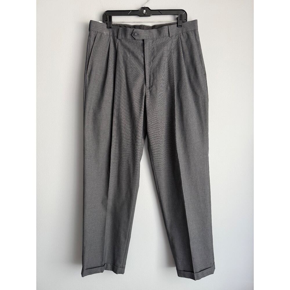 Haggar NWT Suit Pants 36x32 Charcoal Pinstripe Pleated Cuffed Dress Trousers